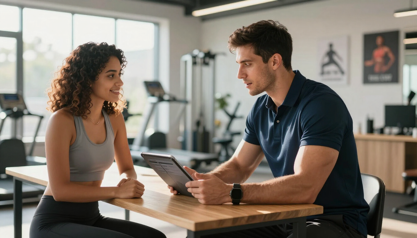 Personal trainer overlegt met cliënt in een moderne studio