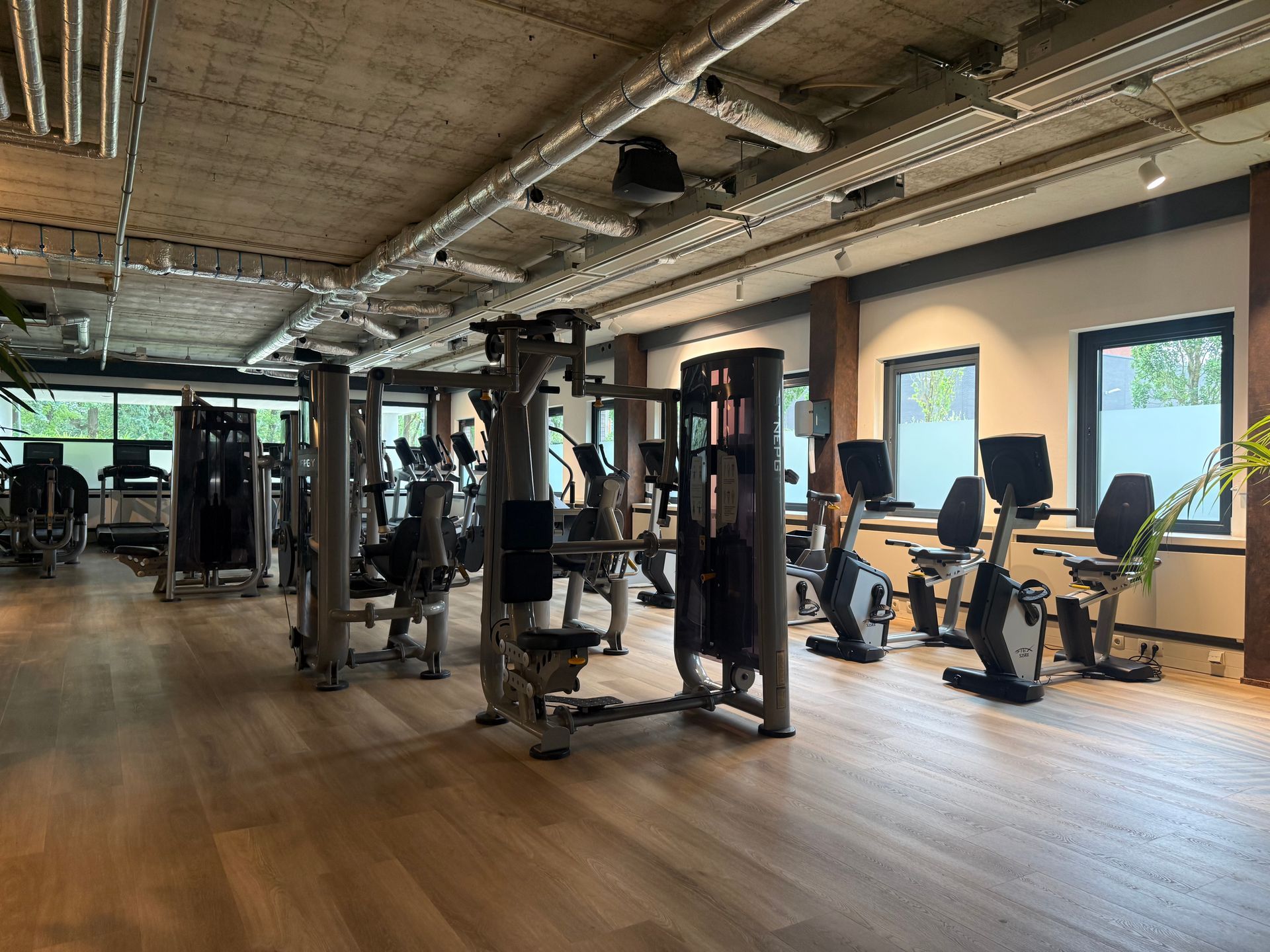 Ruime fitnessruimte met cardio- en krachttrainingsapparaten, houten vloeren en grote ramen met uitzicht op het groen.