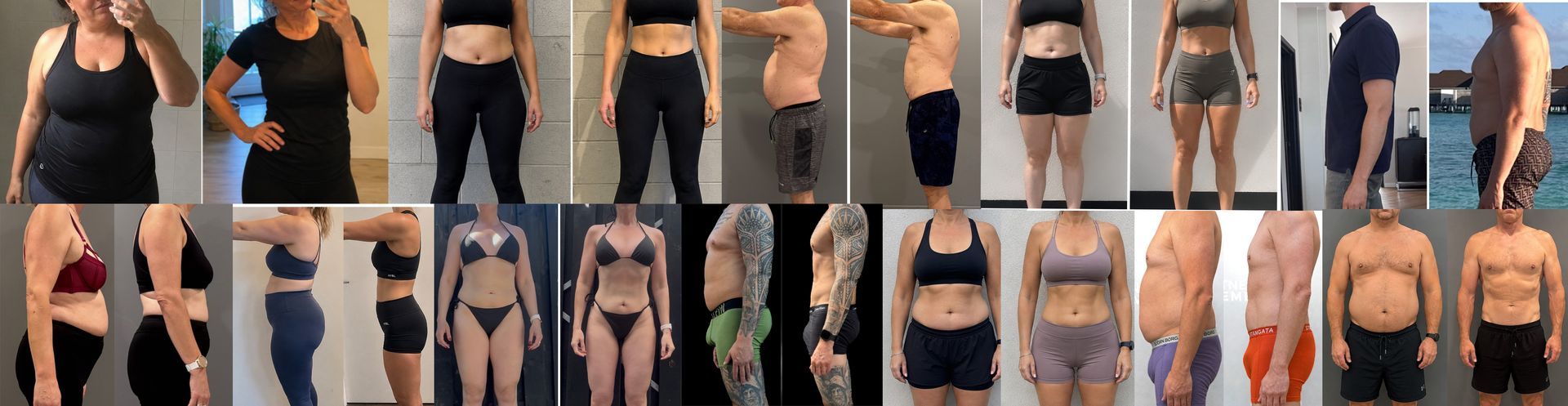 Naast elkaar geplaatste foto's van de fitnessvoortgang van een persoon in zwarte en grijze sportkleding.