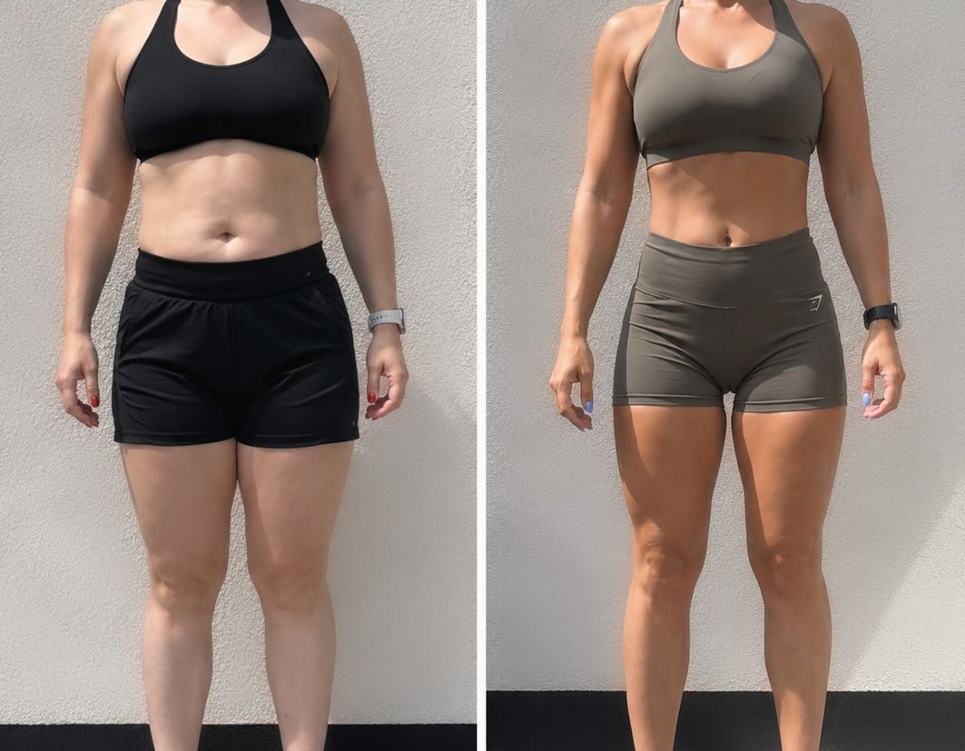 Naast elkaar geplaatste foto's van de fitnessvoortgang van een persoon in zwarte en grijze sportkleding.