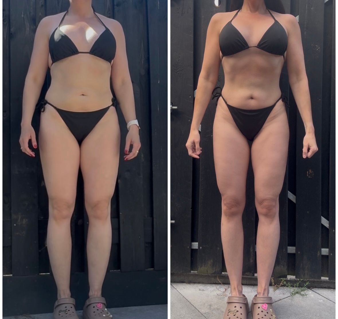 Twee foto's naast elkaar van het bovenlichaam van een persoon in zwarte sportkleding tegen een betegelde muur, waarop een slankere taille te zien is.