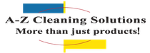 A-Z Cleaning Solutions logo with blue and yellow geometric shapes and the tagline &ldquo;More than just products!&rdquo;
