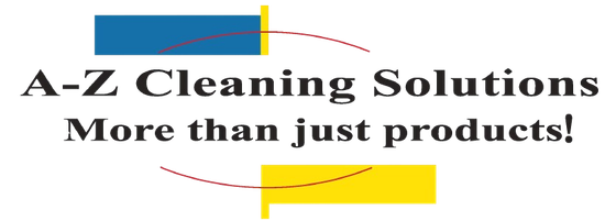 A-Z Cleaning Solutions logo with blue and yellow geometric shapes and the tagline &ldquo;More than just products!&rdquo;