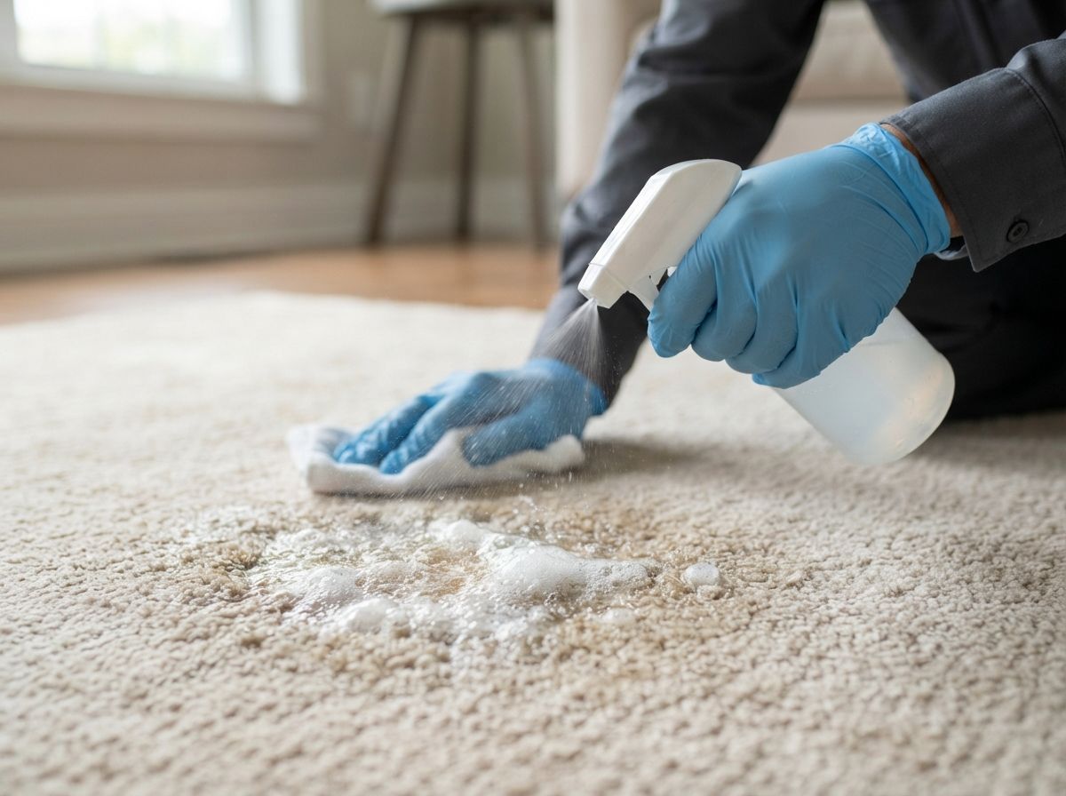Gloved hands cleaning a carpet with a spray bottle and cloth, removing a stain