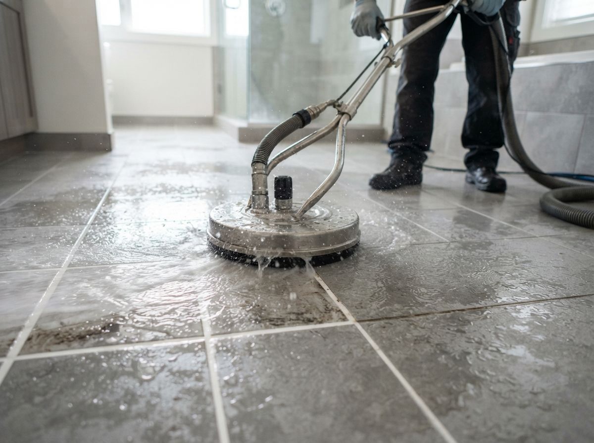 Person cleaning a tiled floor with a rotary floor scrubber in a bright indoor hallway