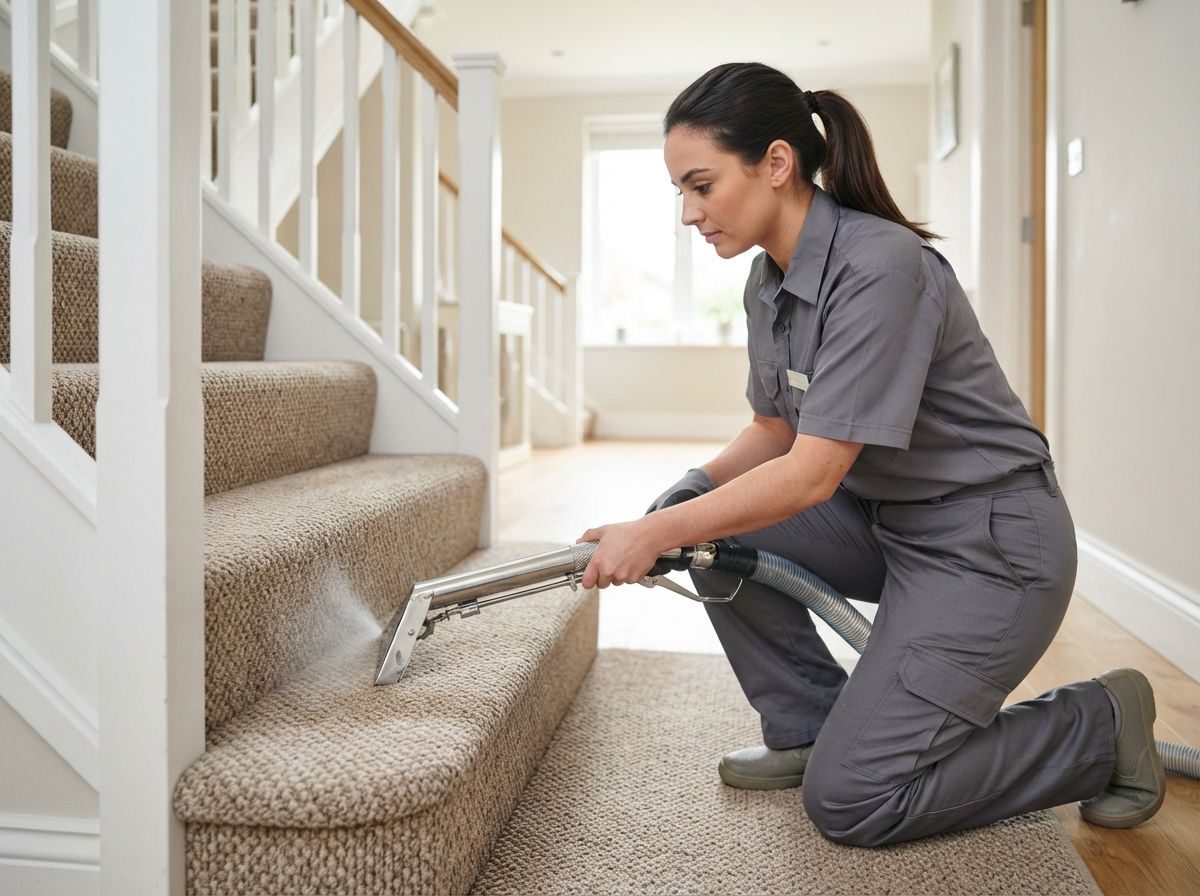 Technician vacuuming carpeted stairs in a bright hallway
