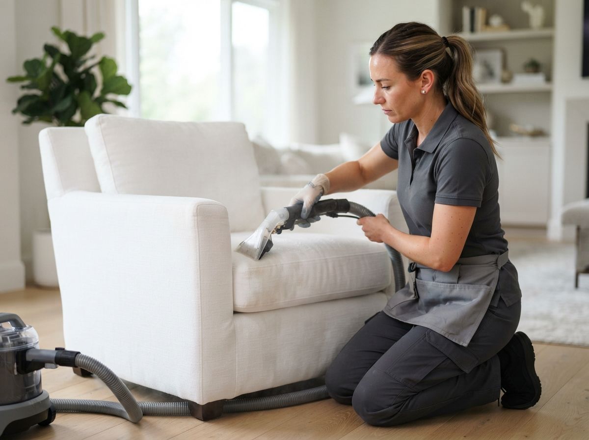 Woman using a handheld vacuum to clean a white armchair in a bright living room