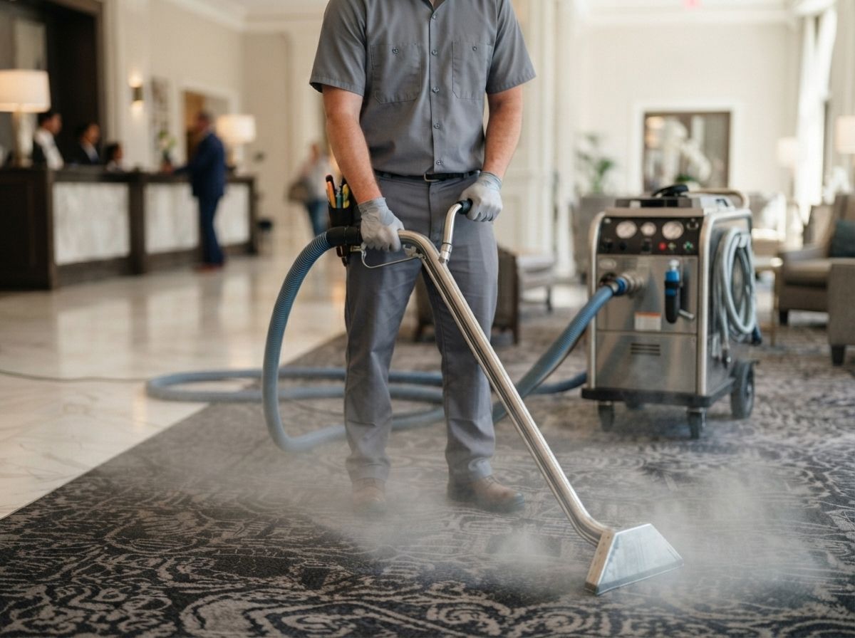 Worker using a floor-cleaning machine on a wet, soapy floor in a bright lobby