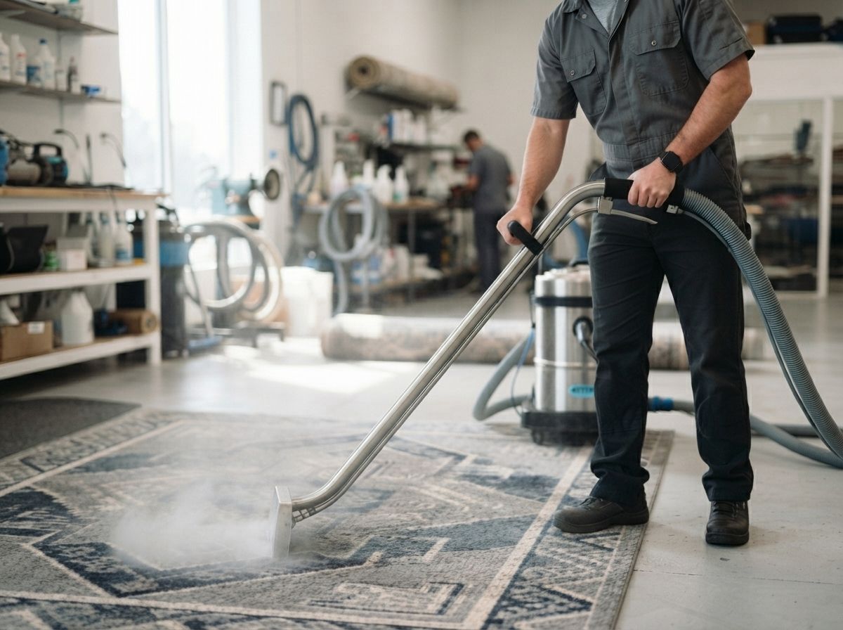 Worker vacuuming dust from a patterned rug in a workshop-like room