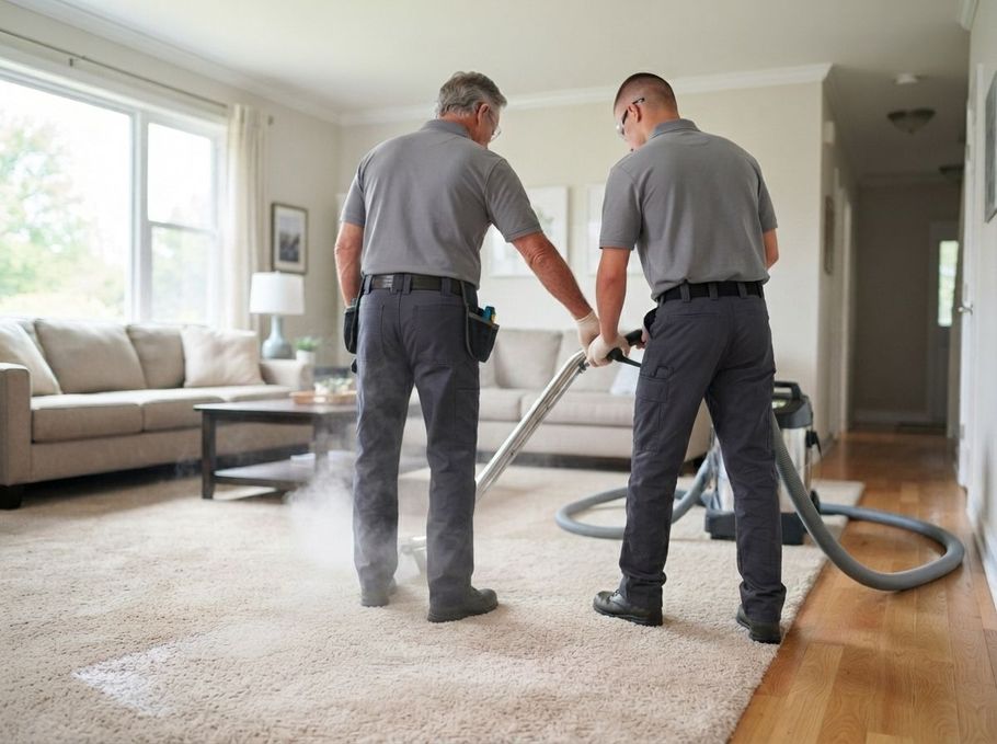 Two workers vacuuming carpet in a bright living room