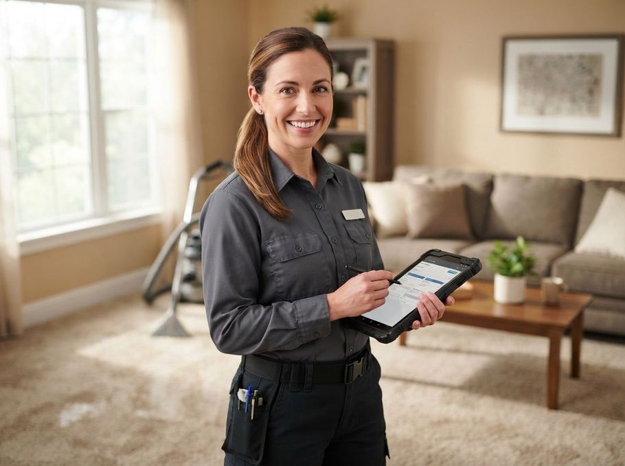 Smiling home cleaner holding a tablet in a bright living room
