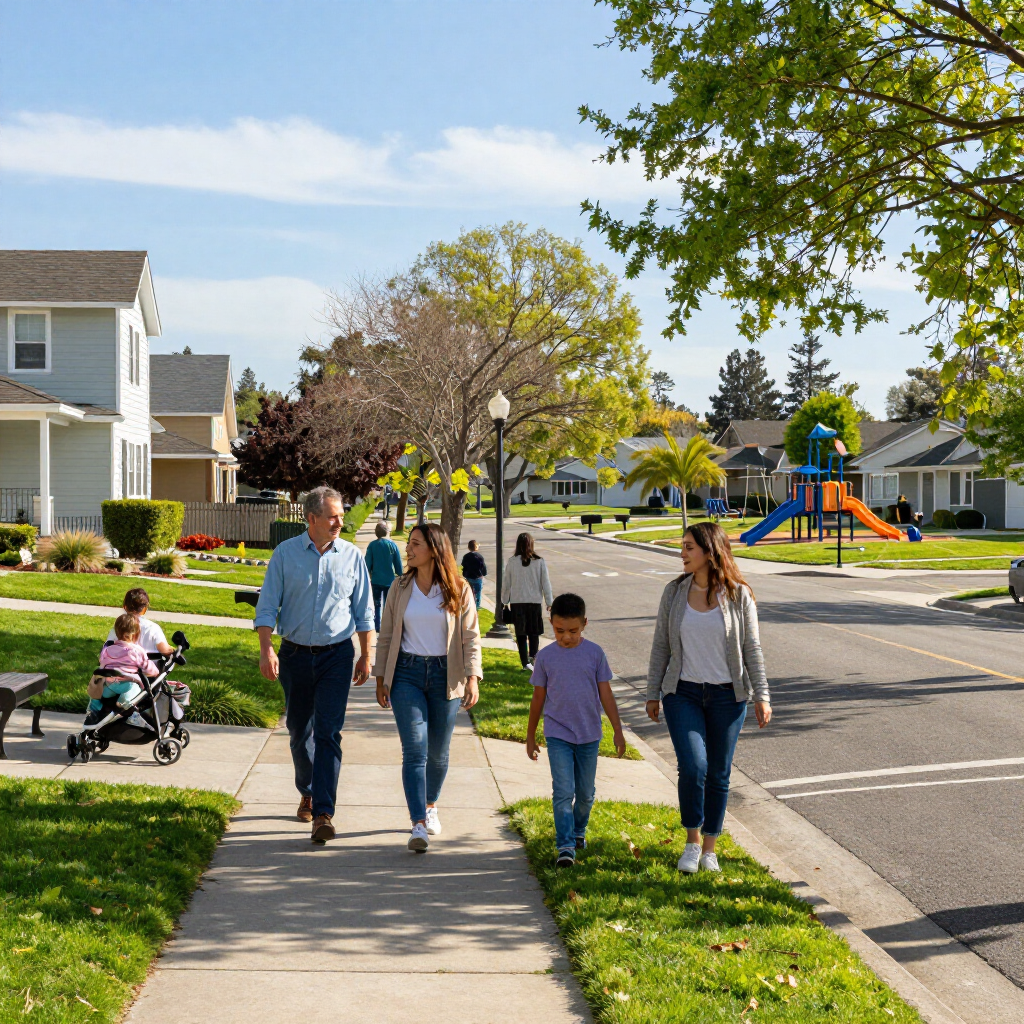 Neighbors walking on a suburban sidewalk past houses and a playground on a sunny day