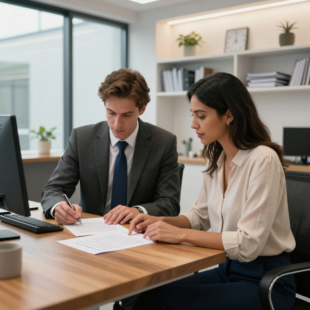 Two colleagues review paperwork at a desk in a bright office