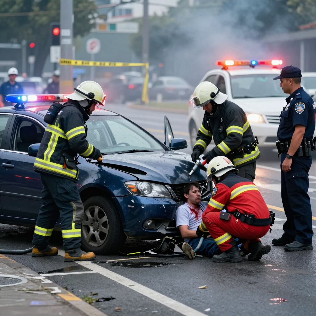 Firefighters and police rescue a person trapped in a crashed black car on a wet road