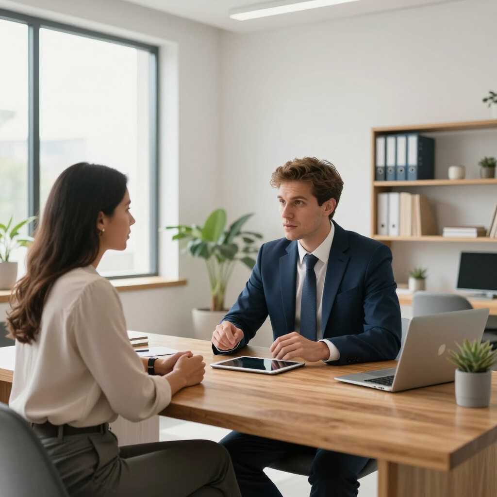 Two people in business attire meeting across a desk in a bright office with a laptop and shelves.