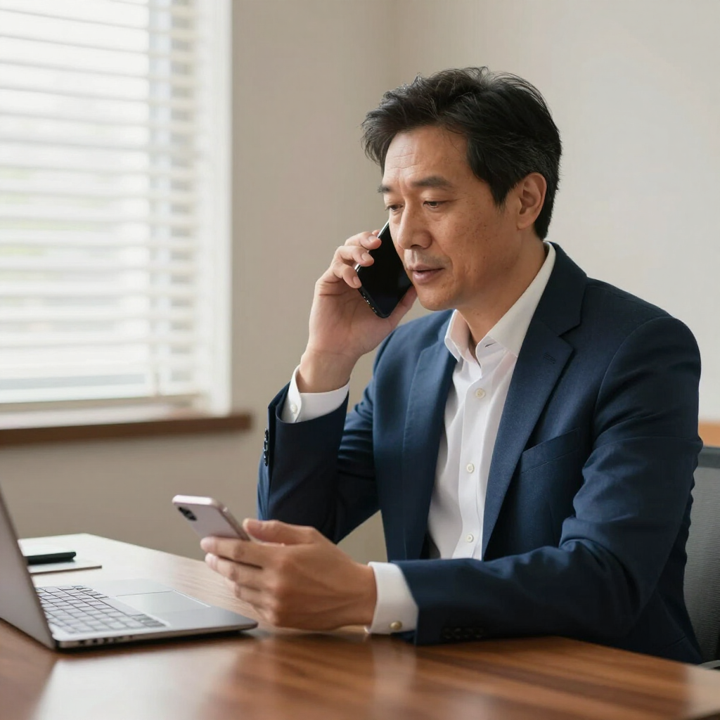 Man in a navy blazer on a phone call while looking at a smartphone at a desk near a laptop