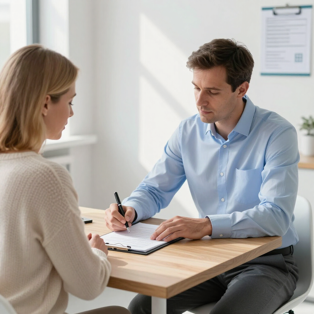 Two people in an office discussing paperwork at a desk, with one taking notes.