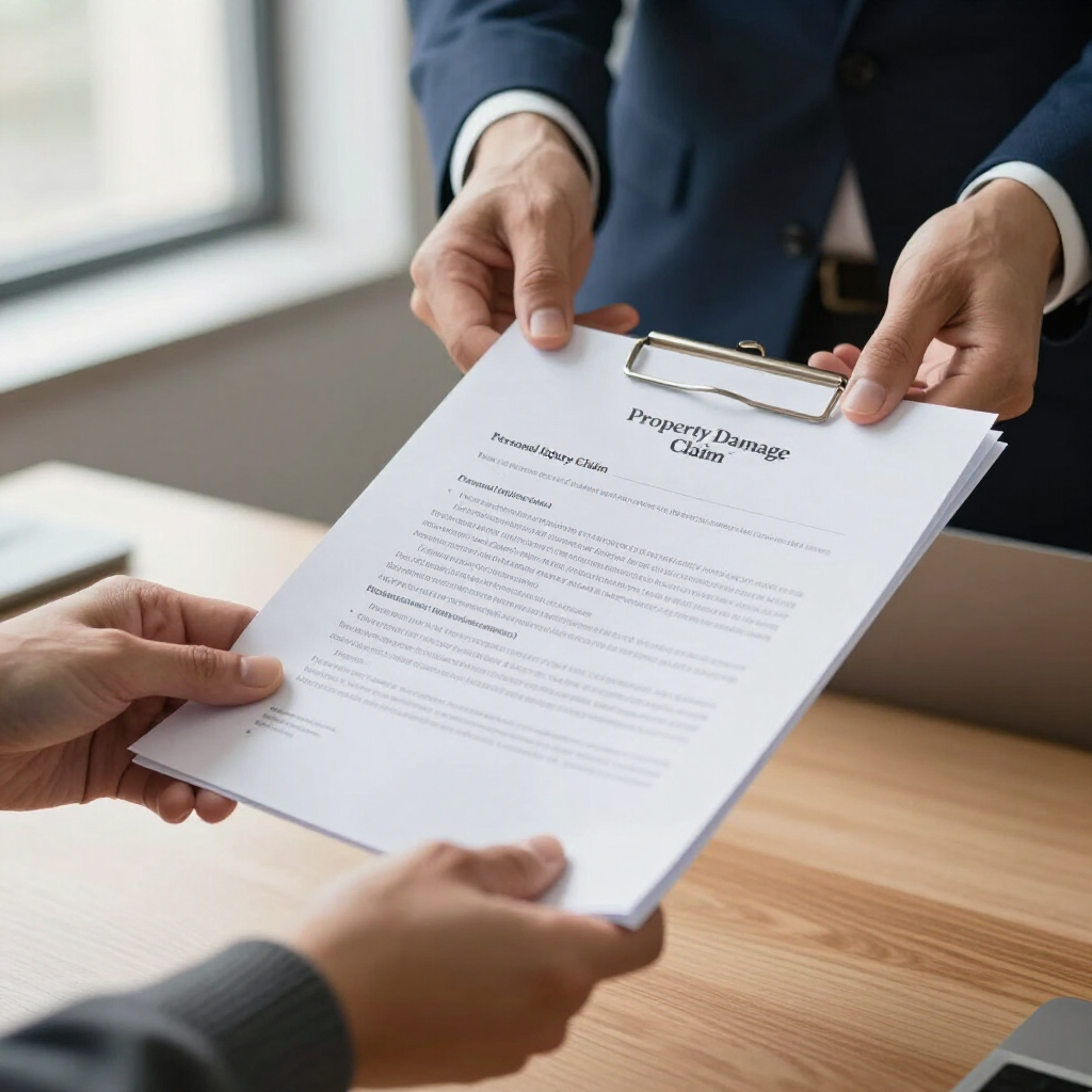 Hands exchanging a clipped document across a desk in a bright office