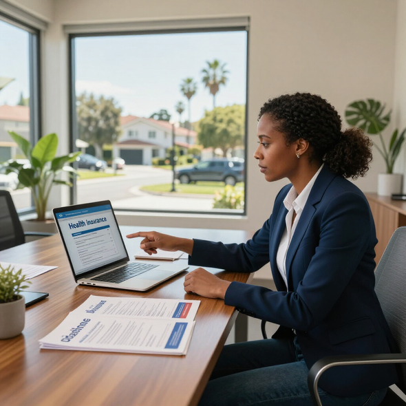 Person in a blue blazer working at a desk with a laptop and papers in a sunlit office.