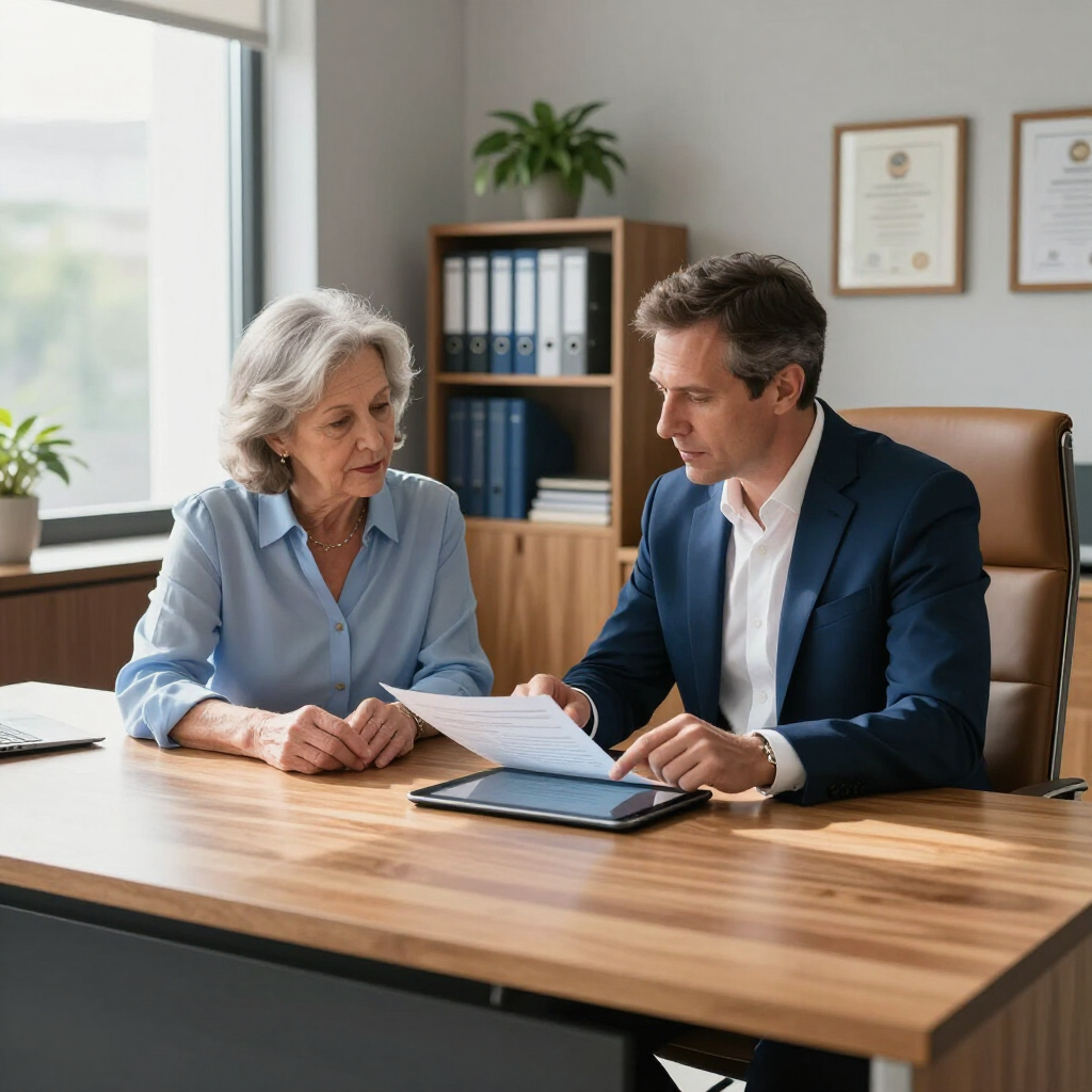 Two professionals reviewing documents across a desk in a bright office