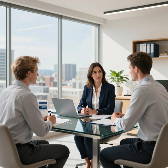 Three people in a bright office meeting around a glass table with a laptop and papers.
