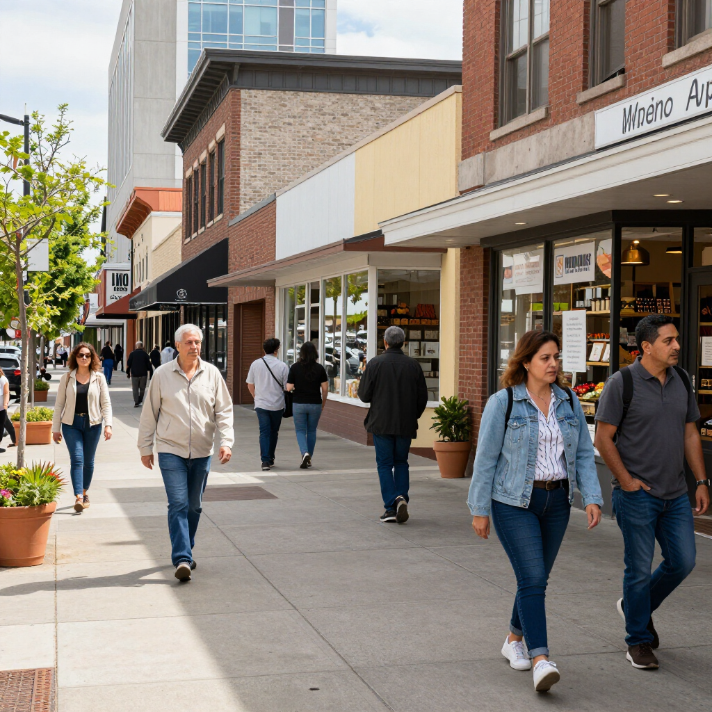 People walking along a sunny downtown sidewalk past storefronts and awnings.