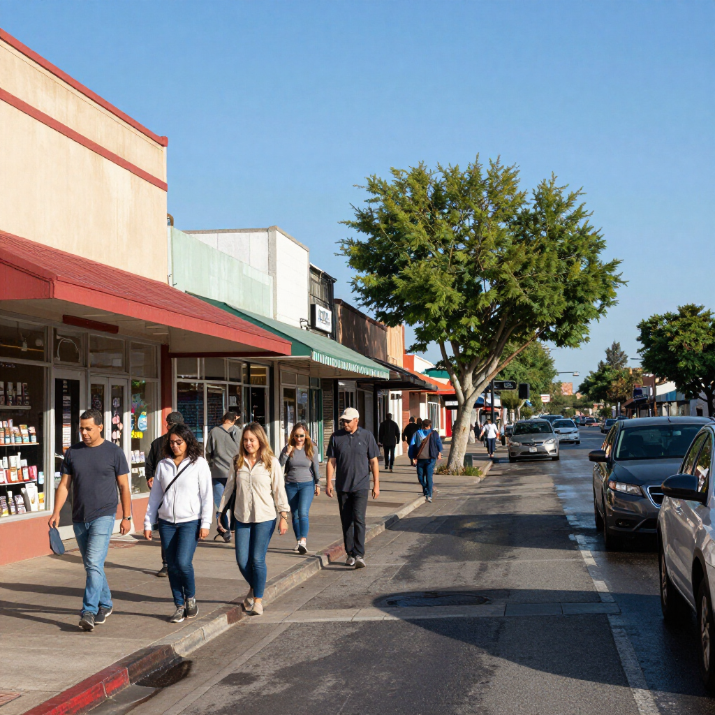 People walking along a sunny downtown sidewalk beside storefronts and parked cars.
