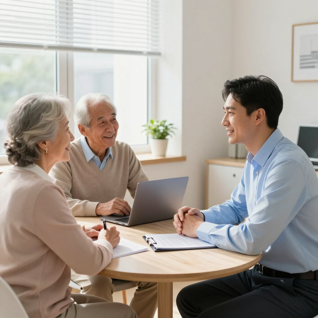 Three people meet at a round table with a laptop in a bright office, talking and taking notes.
