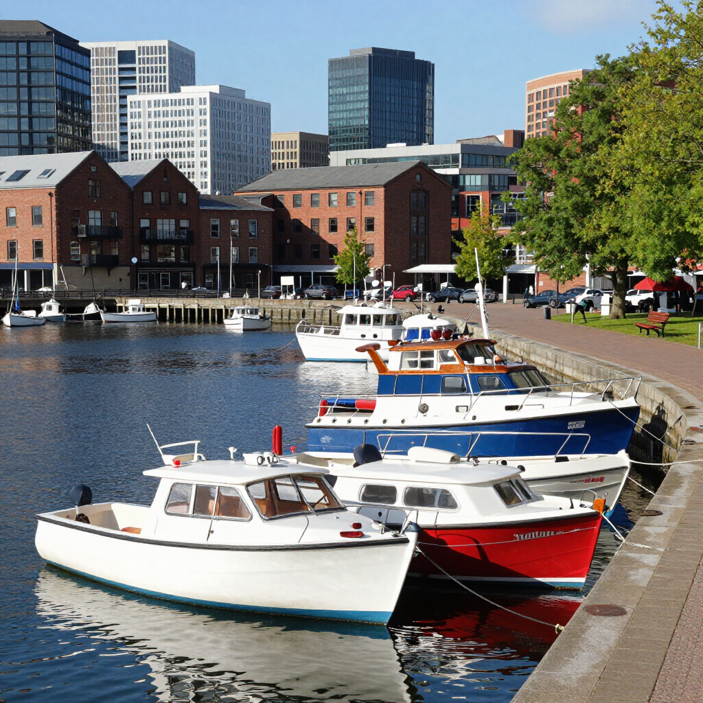 Small boats moored along a waterfront harbor with brick buildings and city skyline in the background