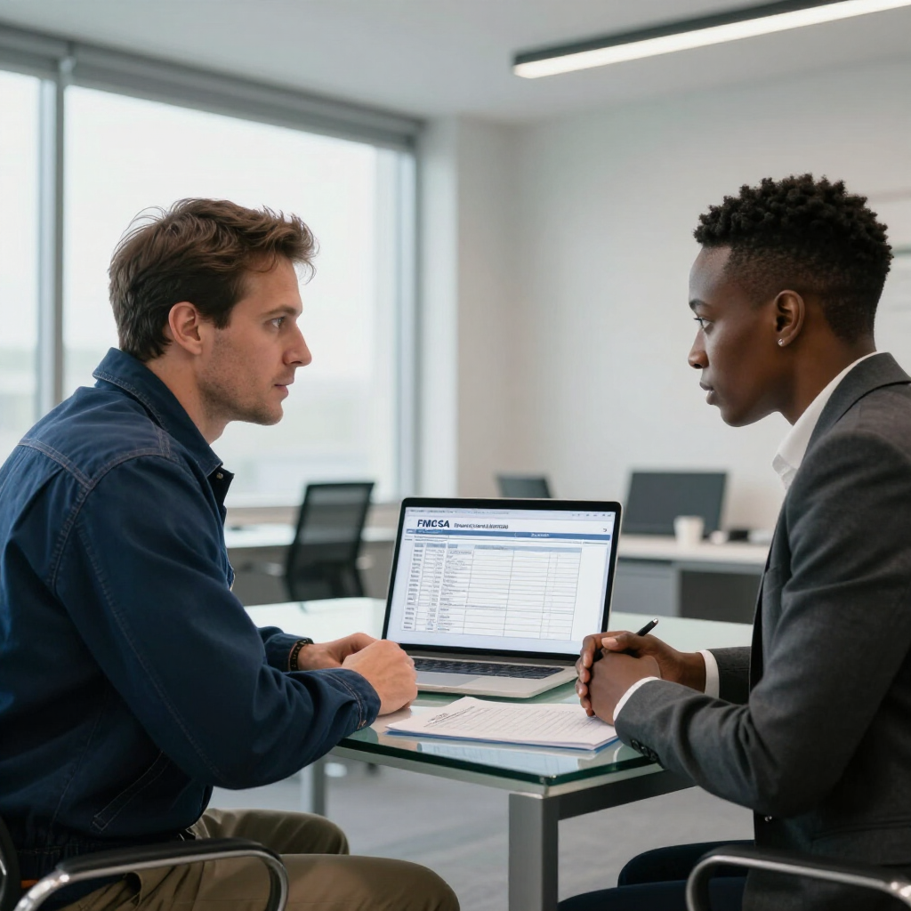 Two coworkers discussing a laptop at a glass conference table in a bright office.