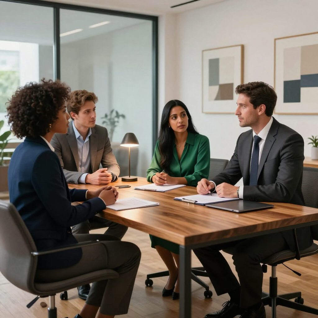 Business meeting with four people seated around a wooden conference table in a modern office