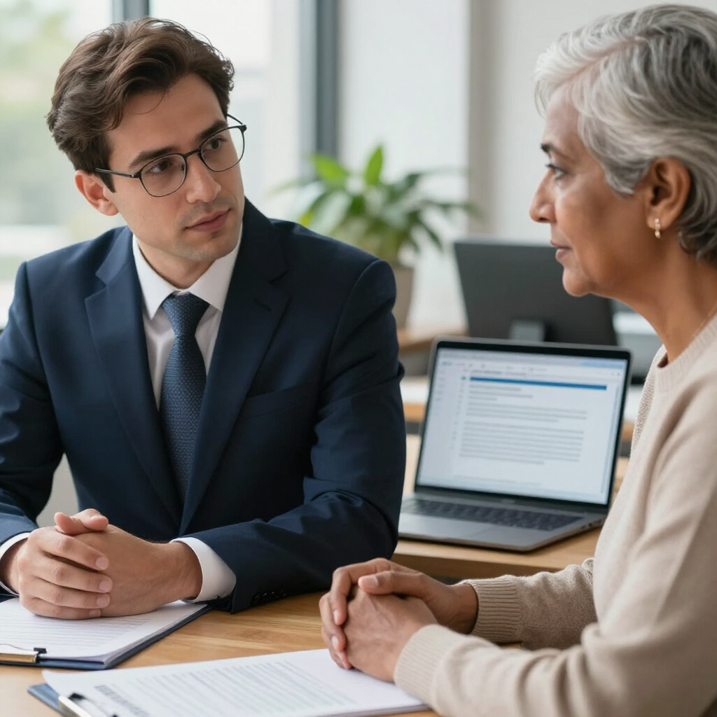 Two people in a business meeting, seated across a desk with a laptop and documents, talking attentively
