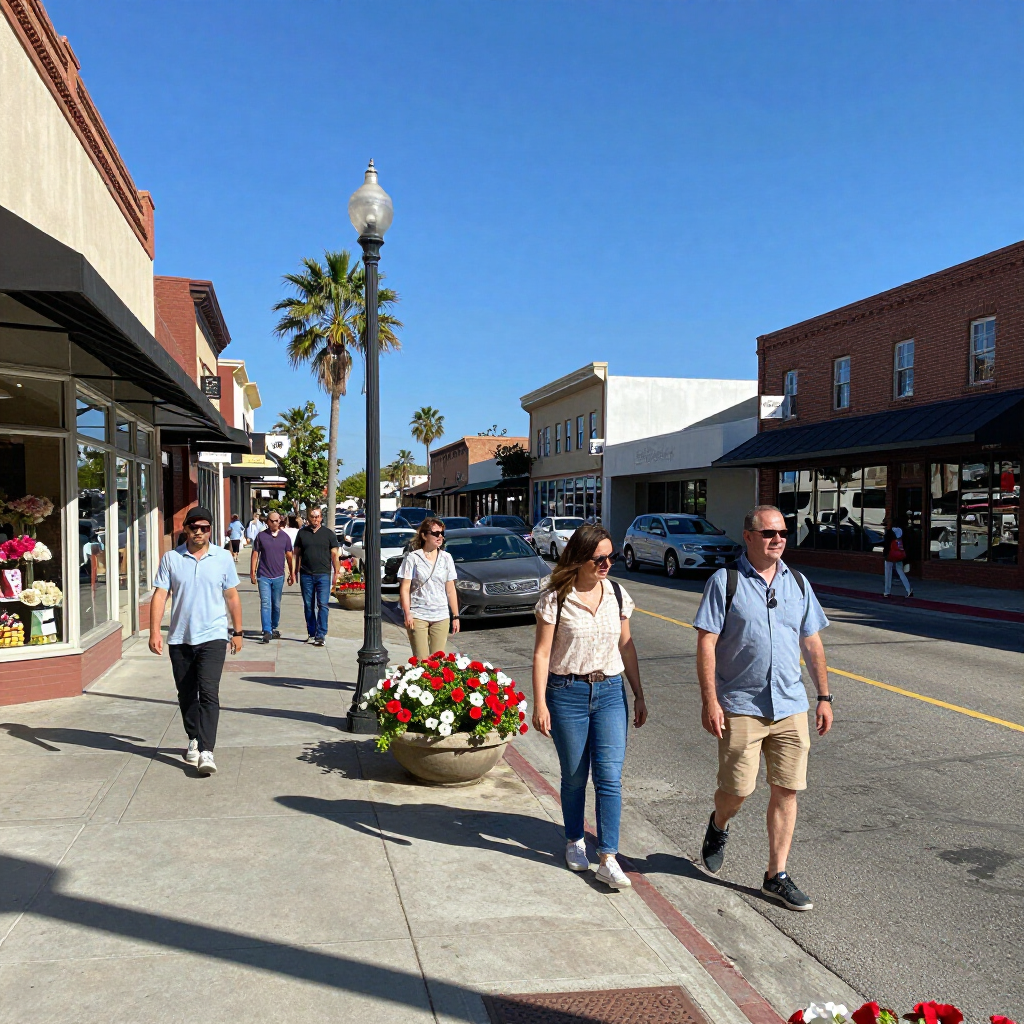 Sunny downtown street with pedestrians, storefronts, palm trees, and a flower planter under a blue sky