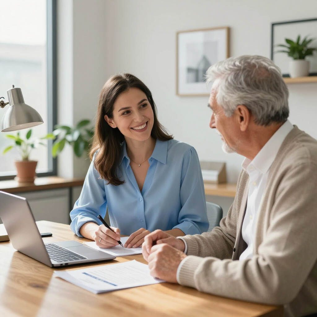 Two people meeting at a desk with a laptop, discussing documents in a bright office