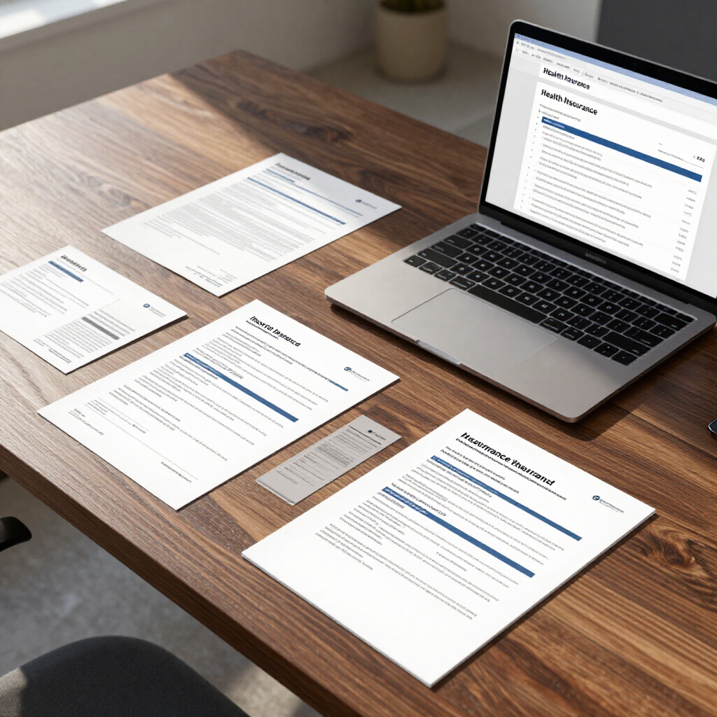 Laptop on wooden desk surrounded by printed documents and a small card