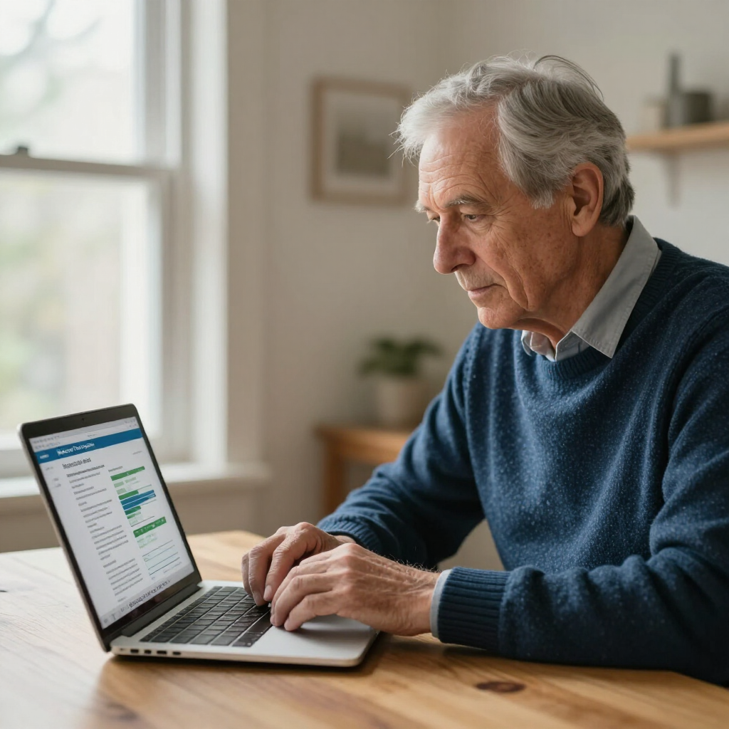 Older man typing on a laptop at a wooden table in a bright home office