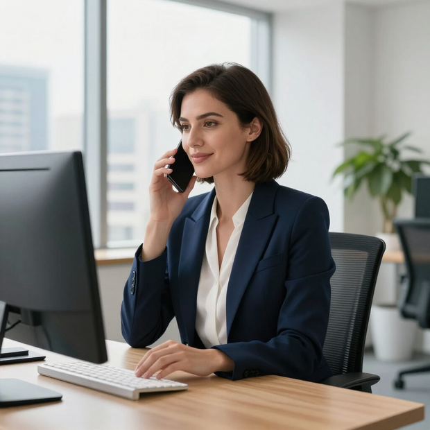 Woman in a navy blazer talks on a phone at a desk in a bright office, with a computer and keyboard nearby.