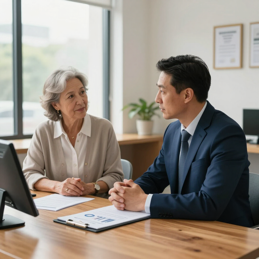 Two coworkers in a meeting at a wooden desk, talking over documents in a bright office