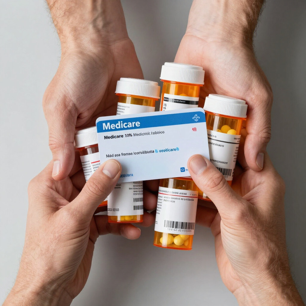 Hands holding Medicare card and prescription medicine bottles on a gray background