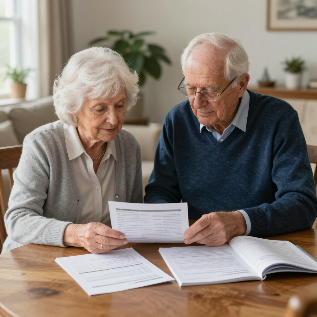 Two older adults review documents at a wooden table in a bright living room
