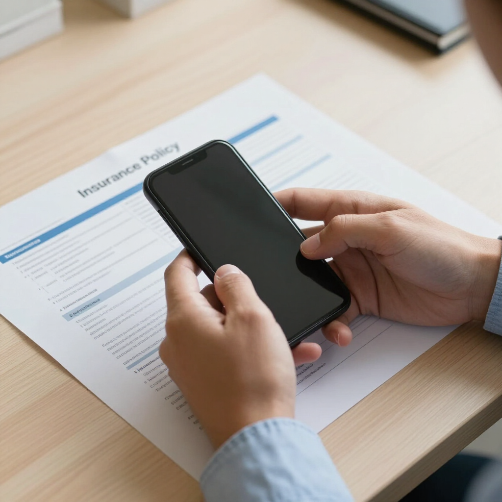 Hands holding a smartphone over an insurance policy document on a desk
