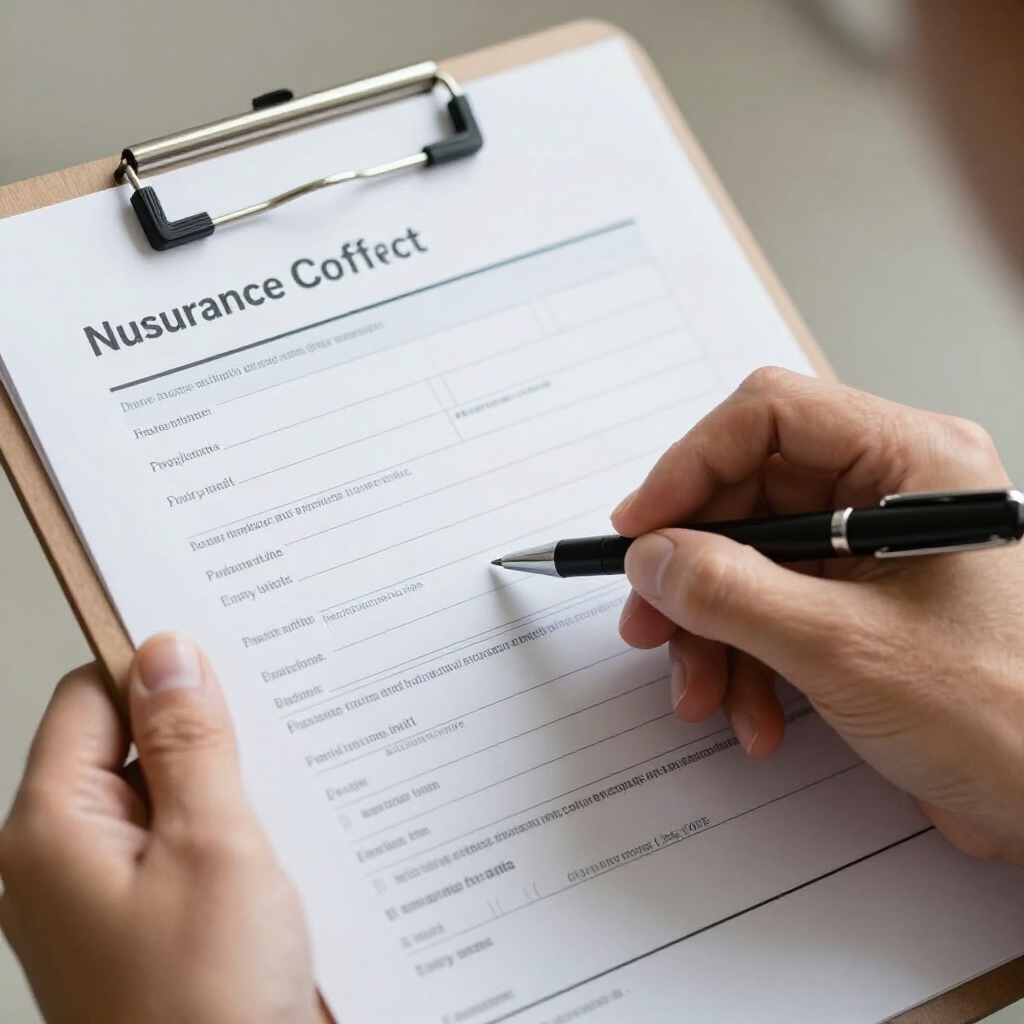Hands filling out a clipboard insurance form with a black pen