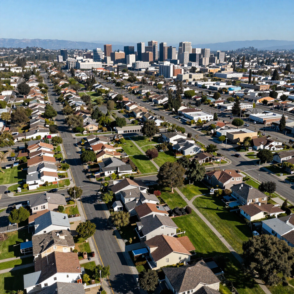 Aerial view of a suburban neighborhood with houses leading to a downtown skyline in the distance