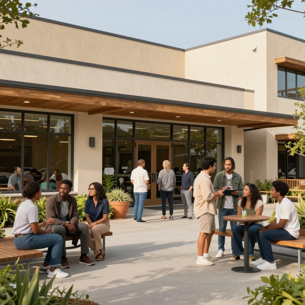 People socializing outside a modern café with outdoor tables and a covered patio