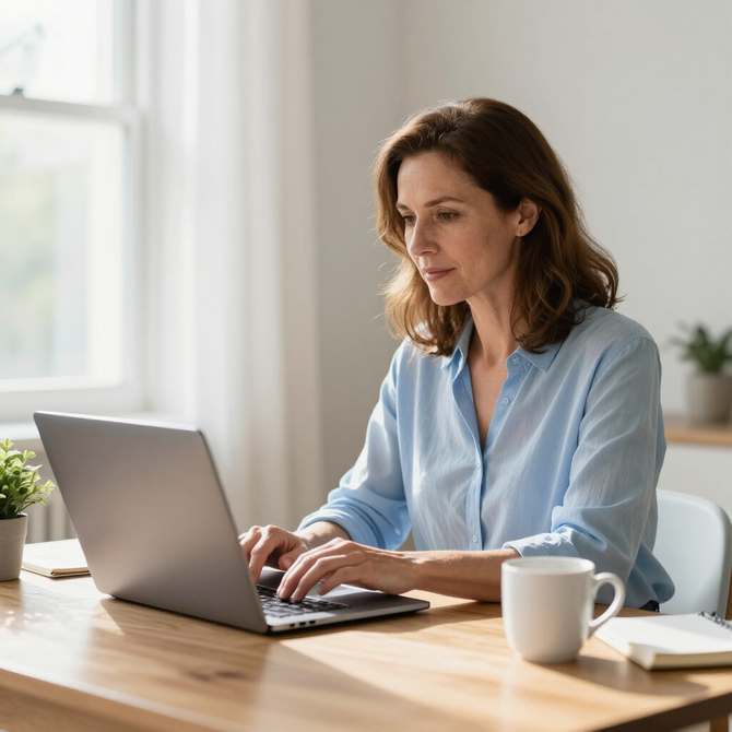 Woman typing on a laptop at a sunlit desk with a coffee mug and notebook.