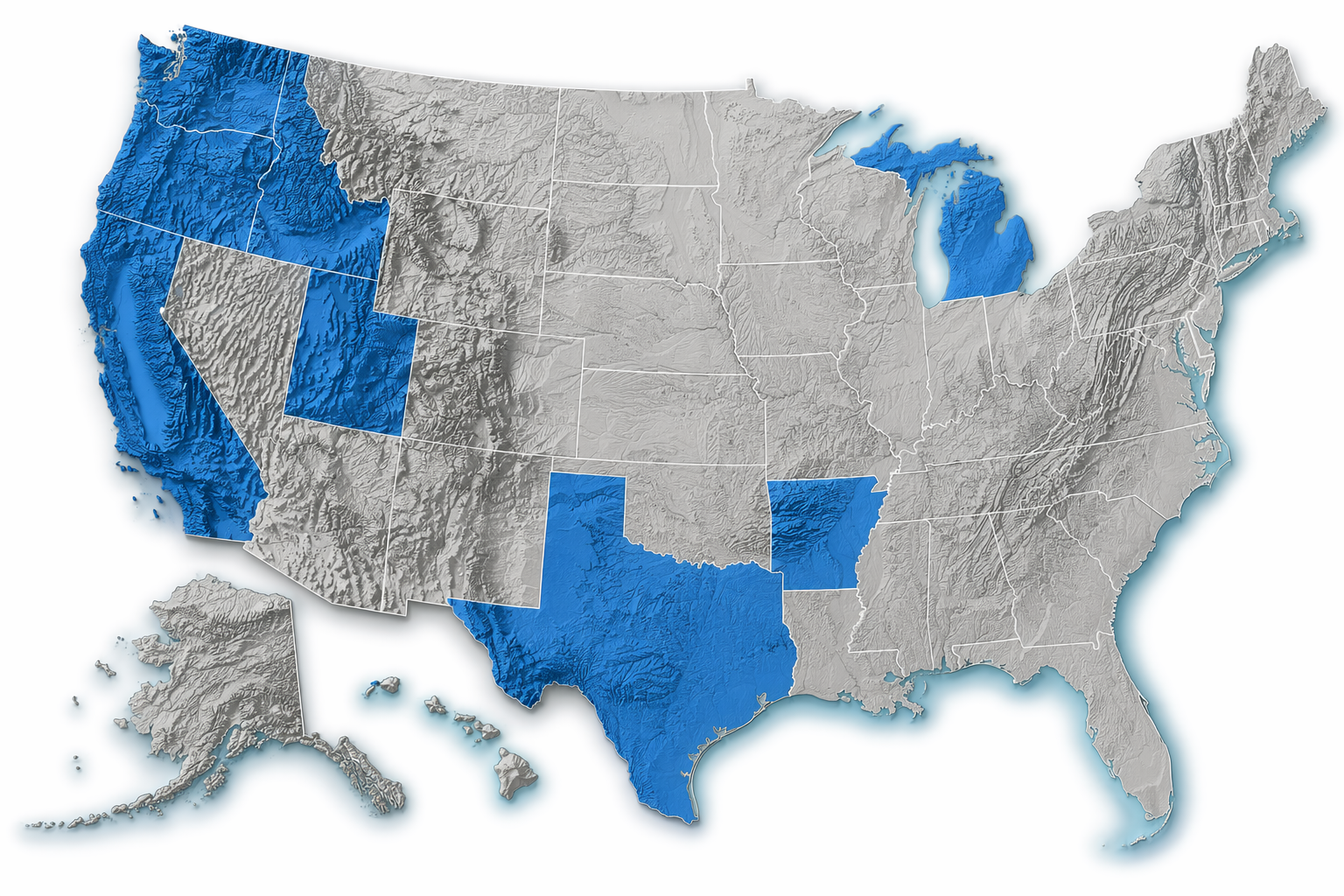 Blue-highlighted U.S. regions on a gray map, showing selected states and territories