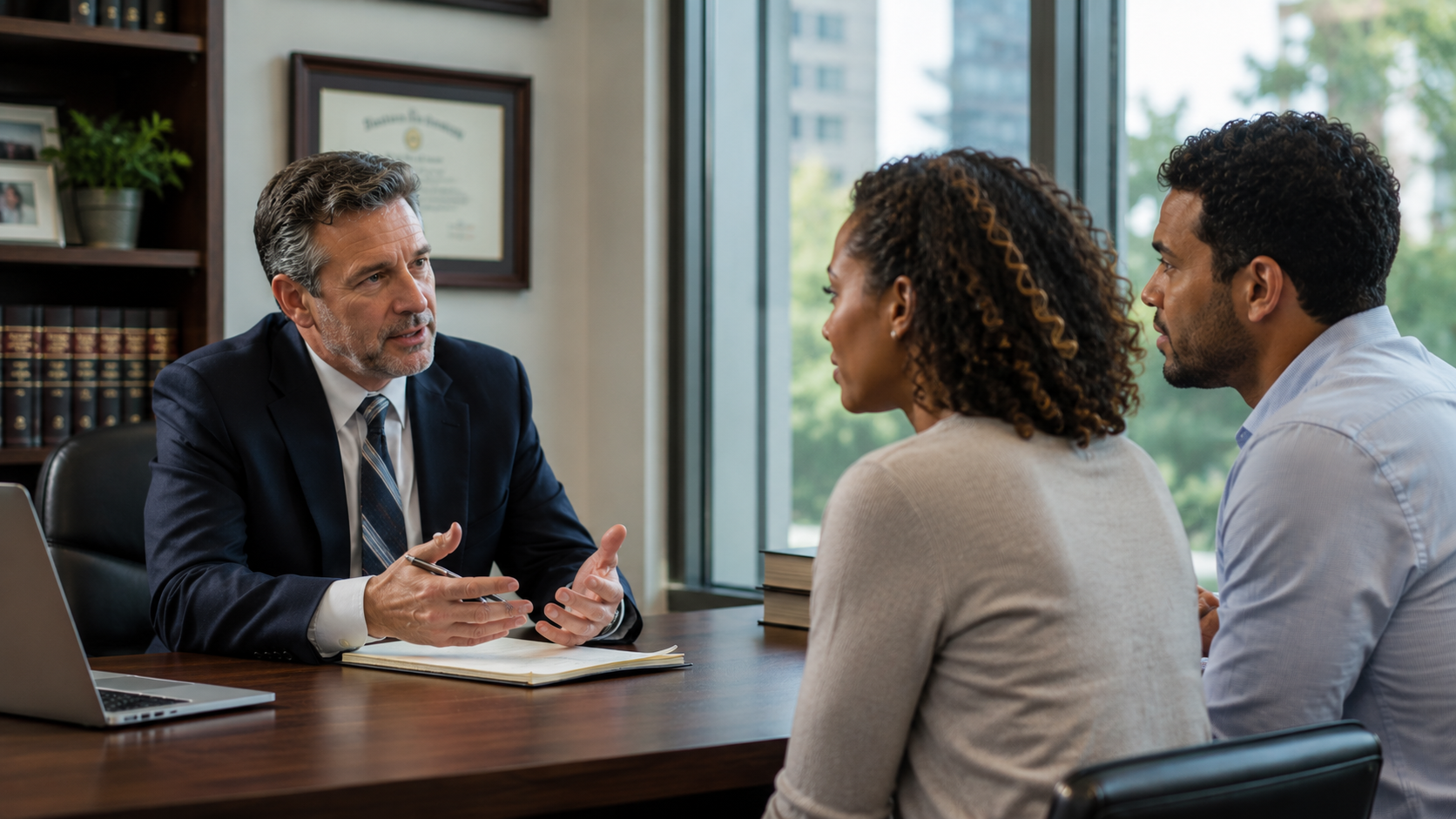 Business meeting in an office, with a man in a suit speaking to two seated colleagues across a desk.