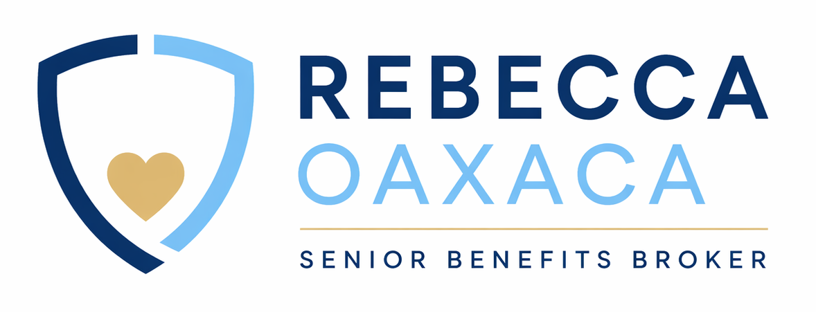 Rebecca Oaxaca Senior Benefits Broker logo with blue shield and gold heart icon