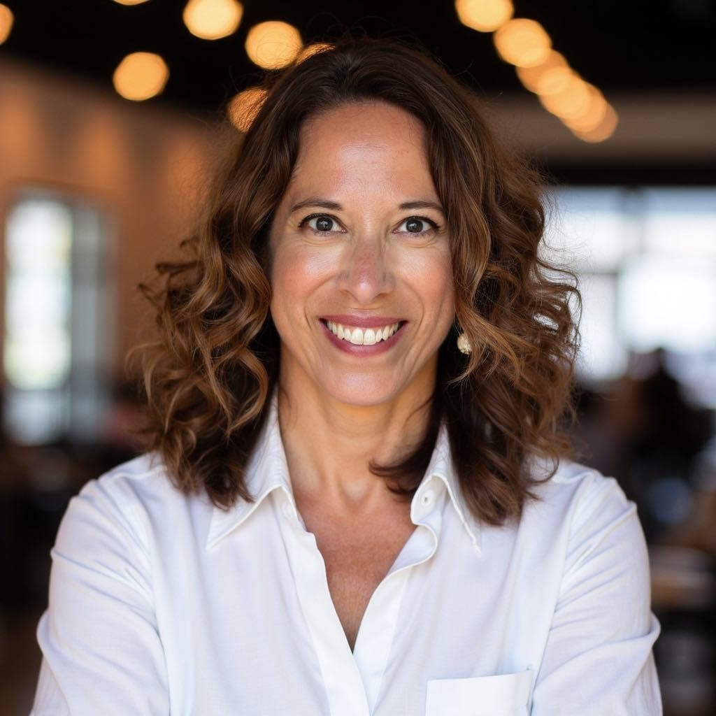 Smiling woman in a white shirt indoors, with blurred warm lights in the background