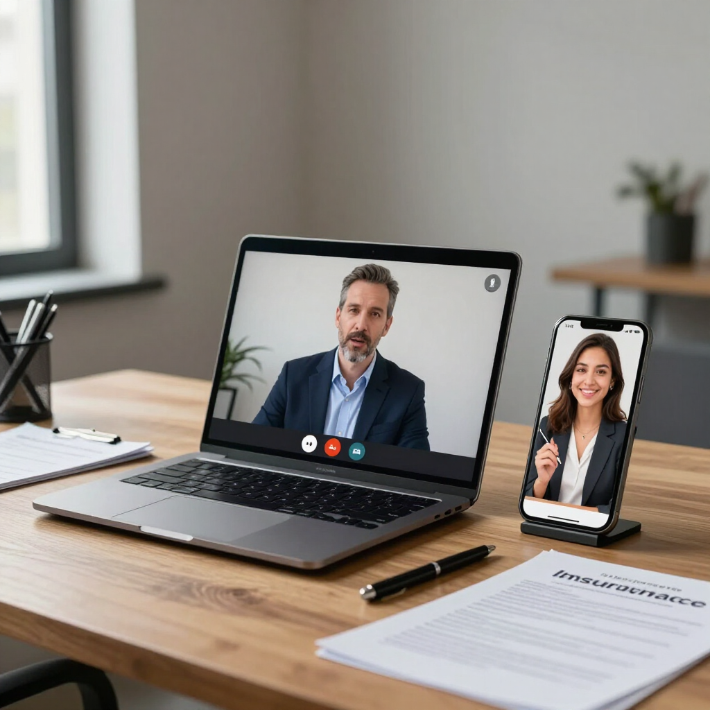 Laptop video call on a desk with two participants, notebook, pen, and document in a bright office